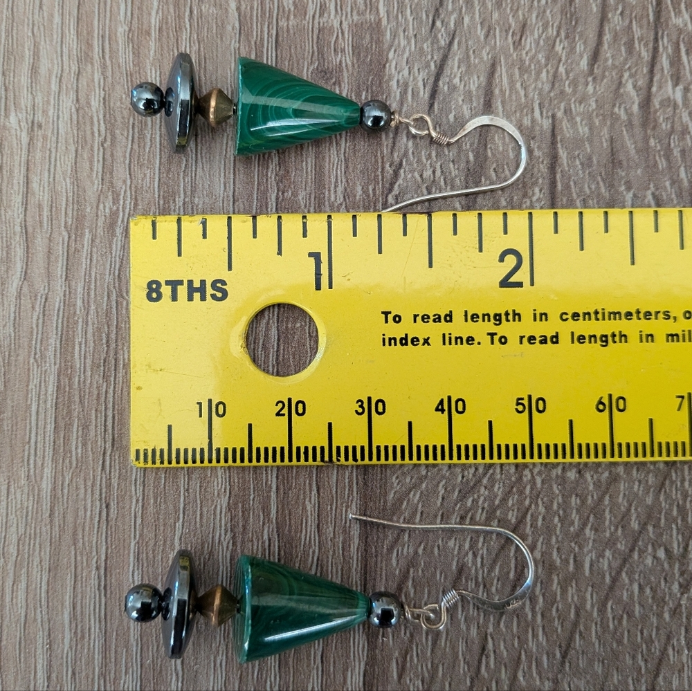 Sterling Silver 925 Vintage Boho Malachite Dangle Earrings - Picture 5 of 6
